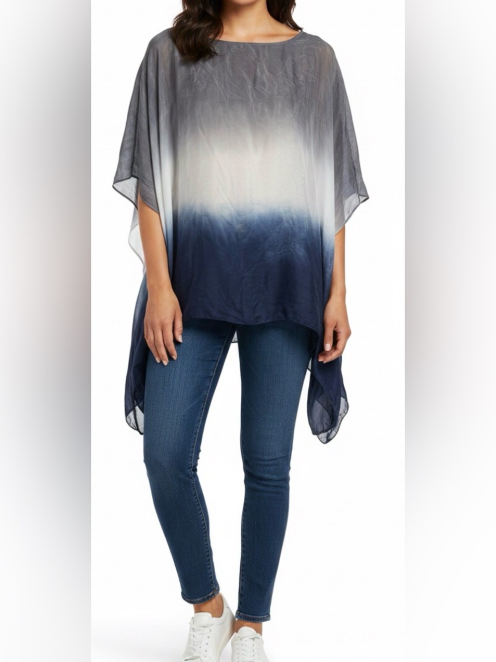 Made in Italy Women's Ombre Chiffon Silk Blend Poncho Top - Navy/Gray Size Small